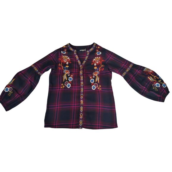 Time For Me Plaid Embroidered Floral Balloon Sleeve V-Neck Blouse Women's Small - Picture 3 of 15